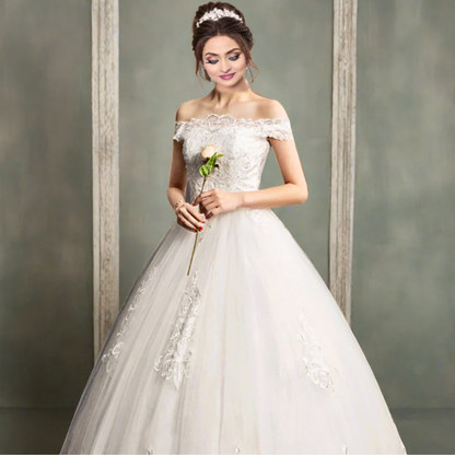 GownLink White Wedding Ball Gown with Off-the-Shoulder Neckline GLQD09