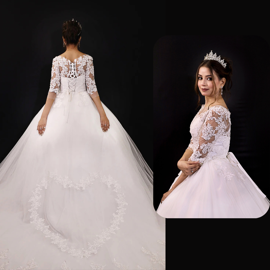 GownLink Luxury Christian Catholic White Full Sleeve Long Train Heart Shape Bridal Gown -GLD30T