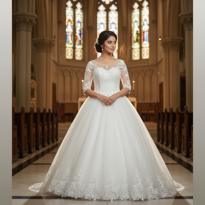 GownLink’s Luxury Bridal Ball Gown for Christian & Catholic Weddings Designer White Princess Wedding Dress with Transparent Full Lace Sleeves & Elegant Royal Flare-GLGF074