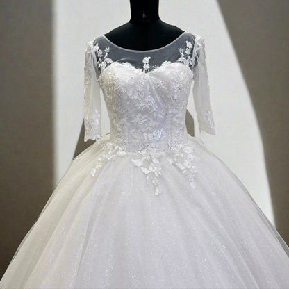 GownLink’s Luxury Bridal Ball Gown for Christian & Catholic Weddings Designer White Princess Wedding Dress with Transparent Full Lace Sleeves & Elegant Royal Flare-GLGF074