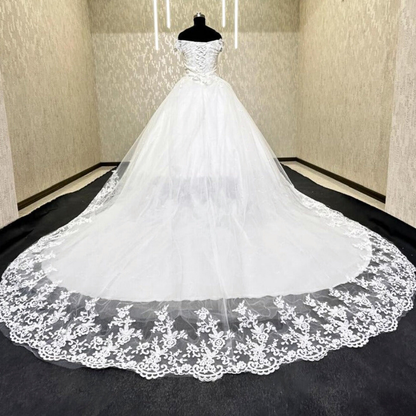 GownLink Elegant White Off Shoulder Wedding Train Gown for Christian & Catholic Brides Luxury Princess Bridal Dress with Long Royal Train – GLGF071T