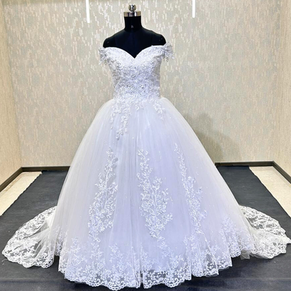 GownLink Elegant White Off Shoulder Wedding Train Gown for Christian & Catholic Brides Luxury Princess Bridal Dress with Long Royal Train – GLGF071T