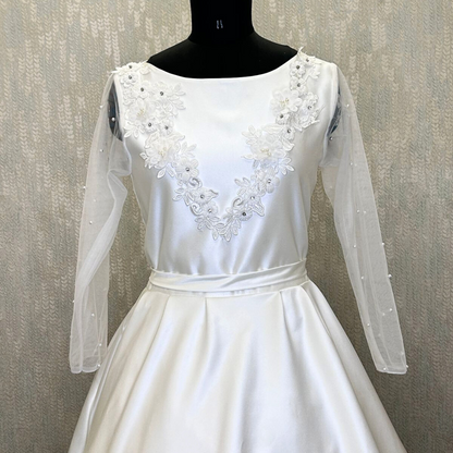 GownLink Elegant White Bridal Satin Train Gown Christian Catholic Wedding Dress with Round Neck for Bride GLSTP20