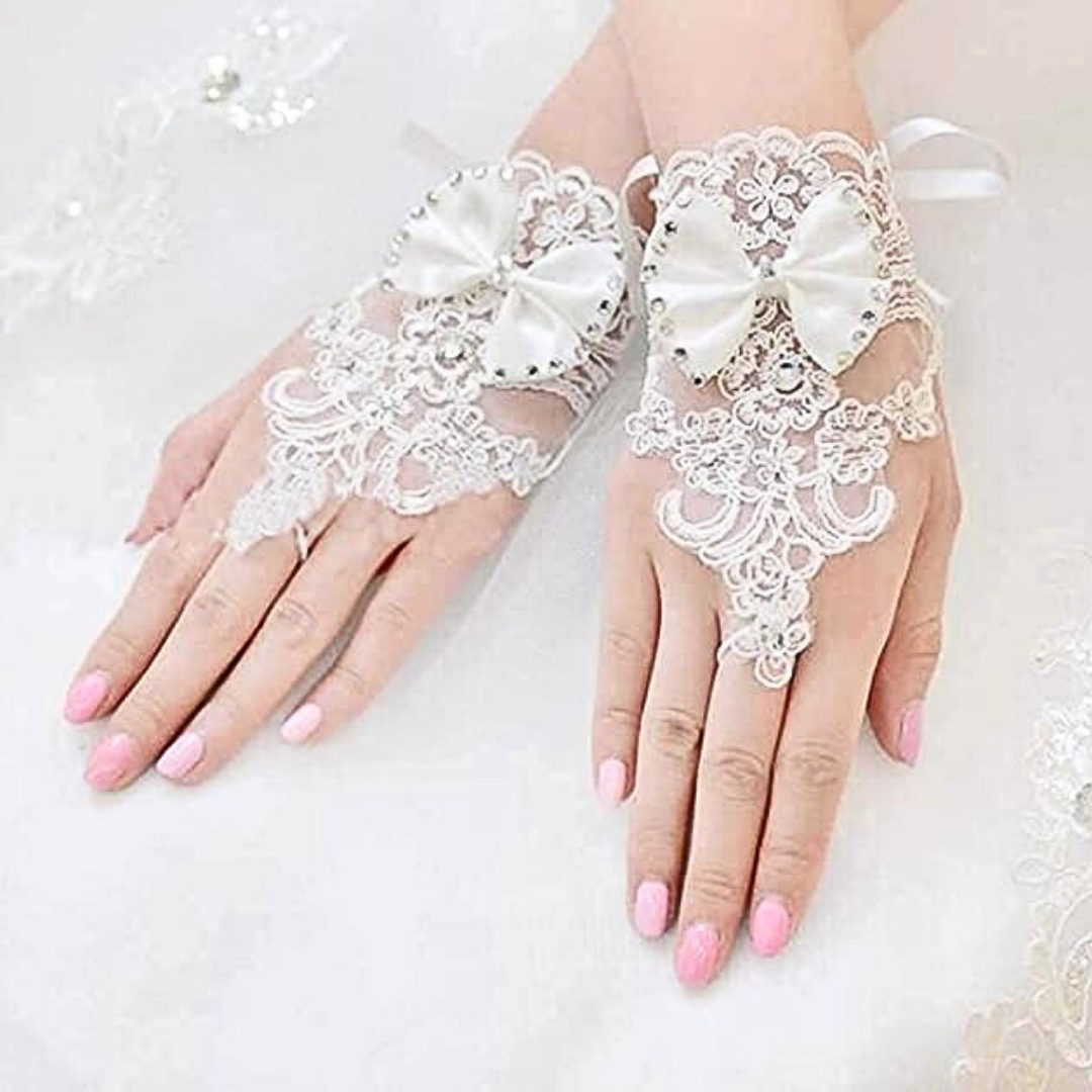 GownLink's Luxurious Enchantment Bridal Gloves with a Bow and Stones of Love G22