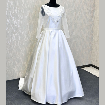 GownLink Elegant White Bridal Satin Train Gown Christian Catholic Wedding Dress with Round Neck for Bride GLSTP20