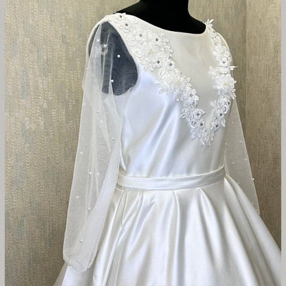 GownLink Elegant White Bridal Satin Train Gown Christian Catholic Wedding Dress with Round Neck for Bride GLSTP20