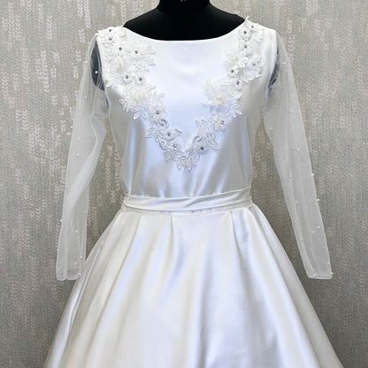 GownLink Elegant White Bridal Satin Train Gown Christian Catholic Wedding Dress with Round Neck for Bride GLSTP20