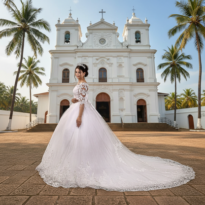 GownLink Luxury Christian Catholic White Full Sleeve Long Train Heart Shape Bridal Gown -GLD30T