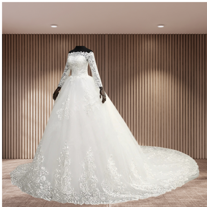 GownLink Royal White Wedding Gown Off Shoulder Long Train Bridal Dress GLQD09T