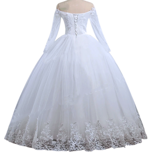 GownLink's  Off-Shoulder Train Gown for Christian and Catholic Weddings GLGFKD03