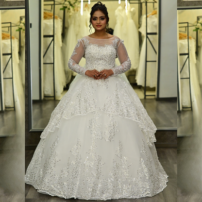 GownLink Stunning White Catholic Wedding Ball Gown with Beaded Lace GLGT179B
