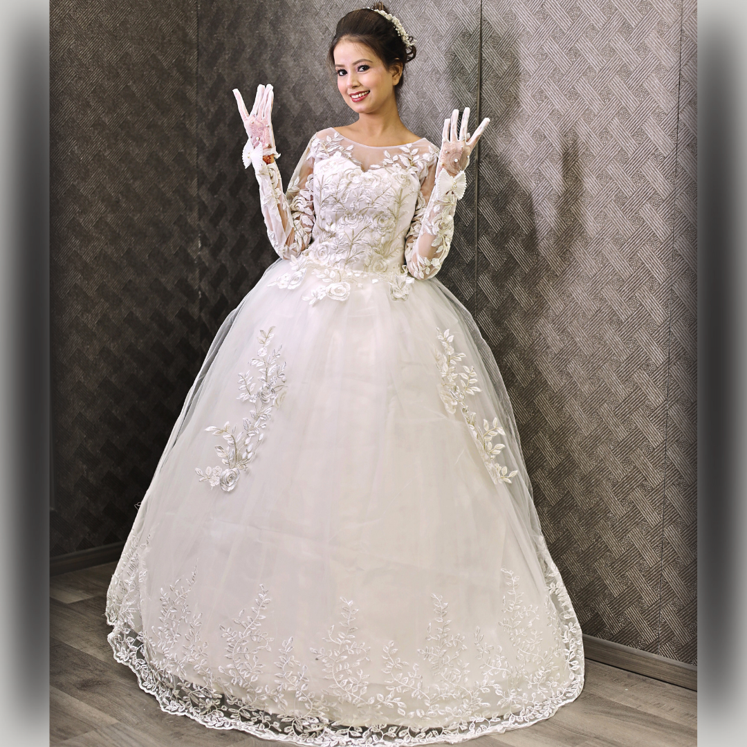 Gownlink White Christian Wedding Ball Gown with Lace Appliques Full Sleeves GLGF038
