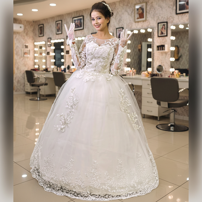 GownLink White Catholic Wedding Ball Gown for Christian & Church Brides Full Sleeves Lace Applique Bridal Wedding Gown -GLGF038B