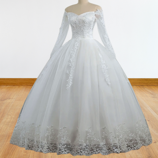 GownLink's  Off-Shoulder Train Gown for Christian and Catholic Weddings GLGFKD03