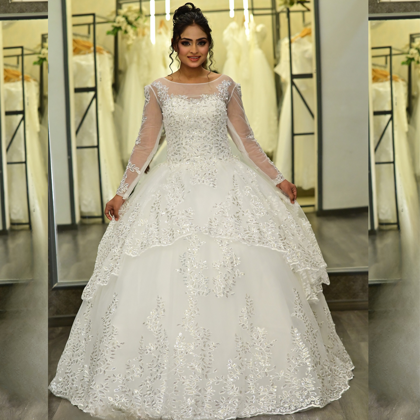 GownLink Stunning White Catholic Wedding Ball Gown with Beaded Lace GLGT179B