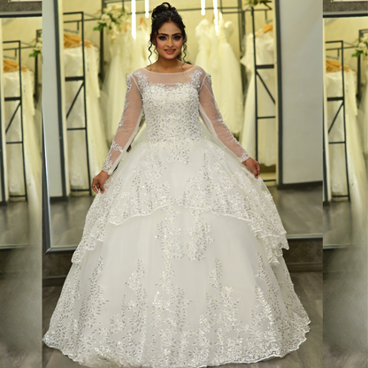 GownLink Stunning White Catholic Wedding Ball Gown with Beaded Lace GLGT179B