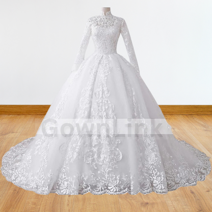 GownLink Designer White Wedding Train Gown High Neck Christian & Catholic Bridal Dress GLTD50HN