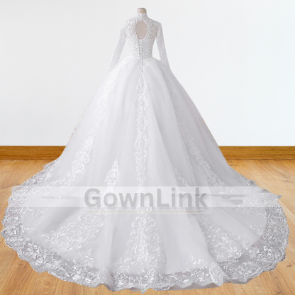 GownLink Designer White Wedding Train Gown High Neck Christian & Catholic Bridal Dress GLTD50HN