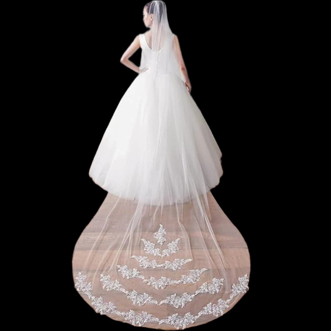 GownLink Cathedral Long Veil with Patches, Front Face Layer and Comb GLVHSEQ1