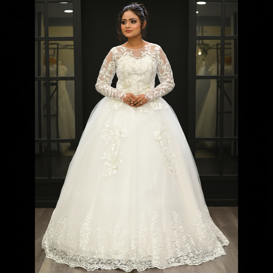 GownLink White Catholic Wedding Ball Gown for Christian & Church Brides Full Sleeves Lace Applique Bridal Wedding Gown -GLGF038B