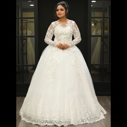 GownLink White Catholic Wedding Ball Gown for Christian & Church Brides Full Sleeves Lace Applique Bridal Wedding Gown -GLGF038B