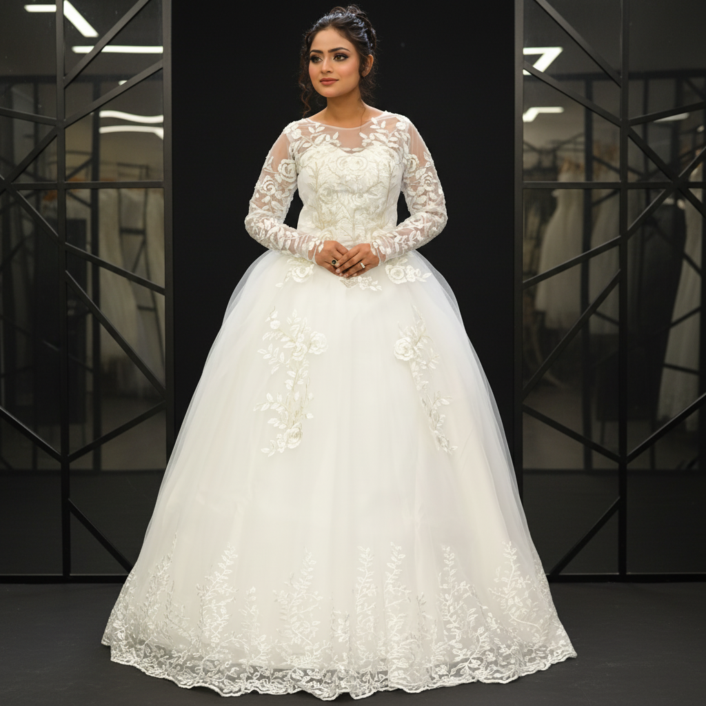 Gownlink White Christian Wedding Ball Gown with Lace Appliques Full Sleeves GLGF038