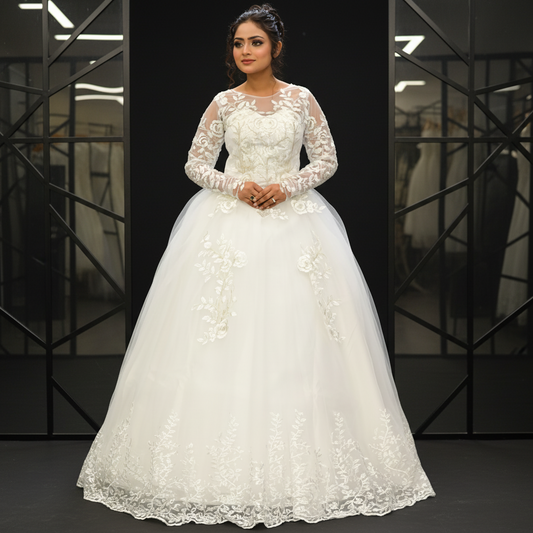 Gownlink White Christian Wedding Ball Gown with Lace Appliques Full Sleeves GLGF038