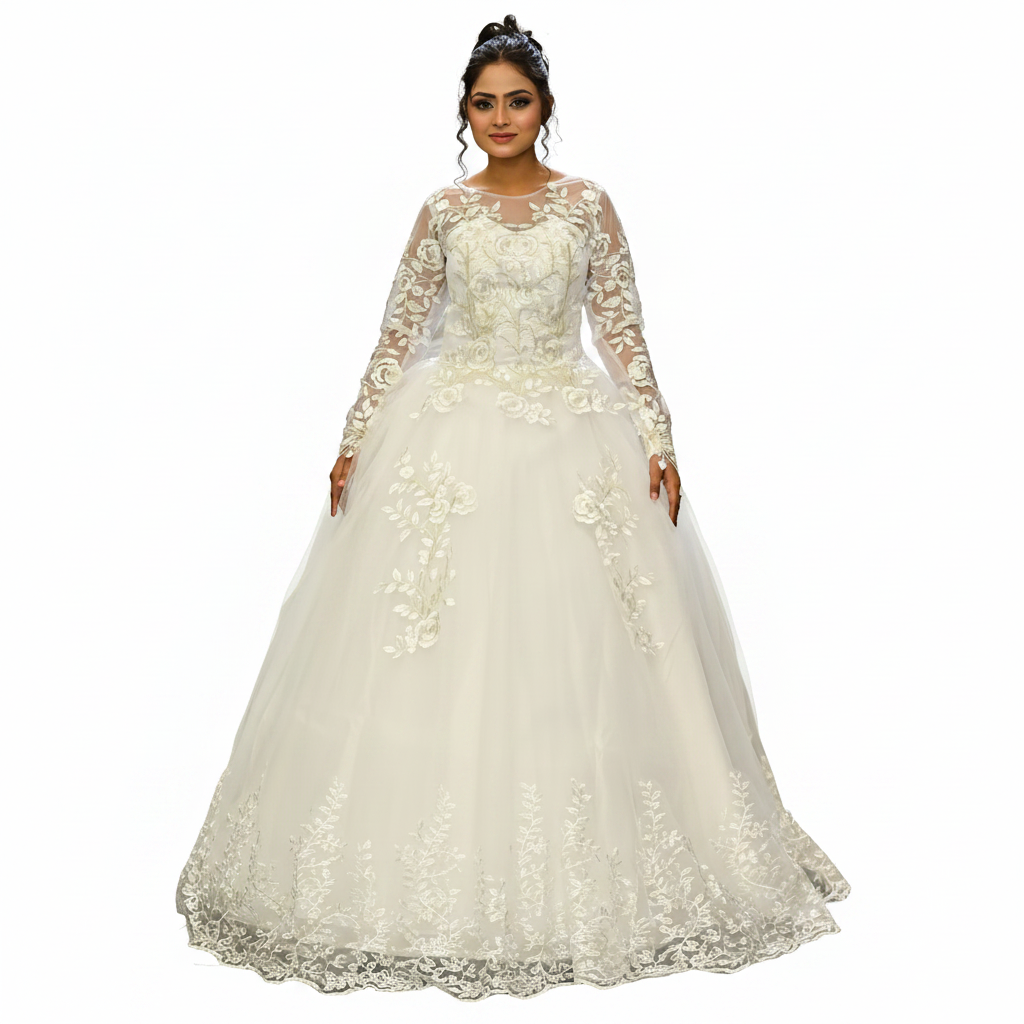 GownLink White Catholic Wedding Ball Gown for Christian & Church Brides Full Sleeves Lace Applique Bridal Wedding Gown -GLGF038B