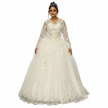 GownLink White Catholic Wedding Ball Gown for Christian & Church Brides Full Sleeves Lace Applique Bridal Wedding Gown -GLGF038B