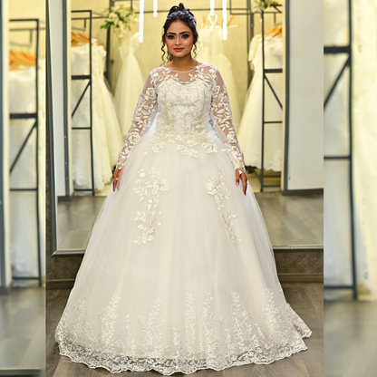 GownLink White Catholic Wedding Ball Gown for Christian & Church Brides Full Sleeves Lace Applique Bridal Wedding Gown -GLGF038B