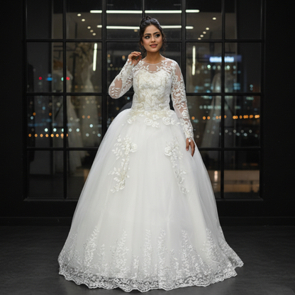GownLink White Catholic Wedding Ball Gown for Christian & Church Brides Full Sleeves Lace Applique Bridal Wedding Gown -GLGF038B