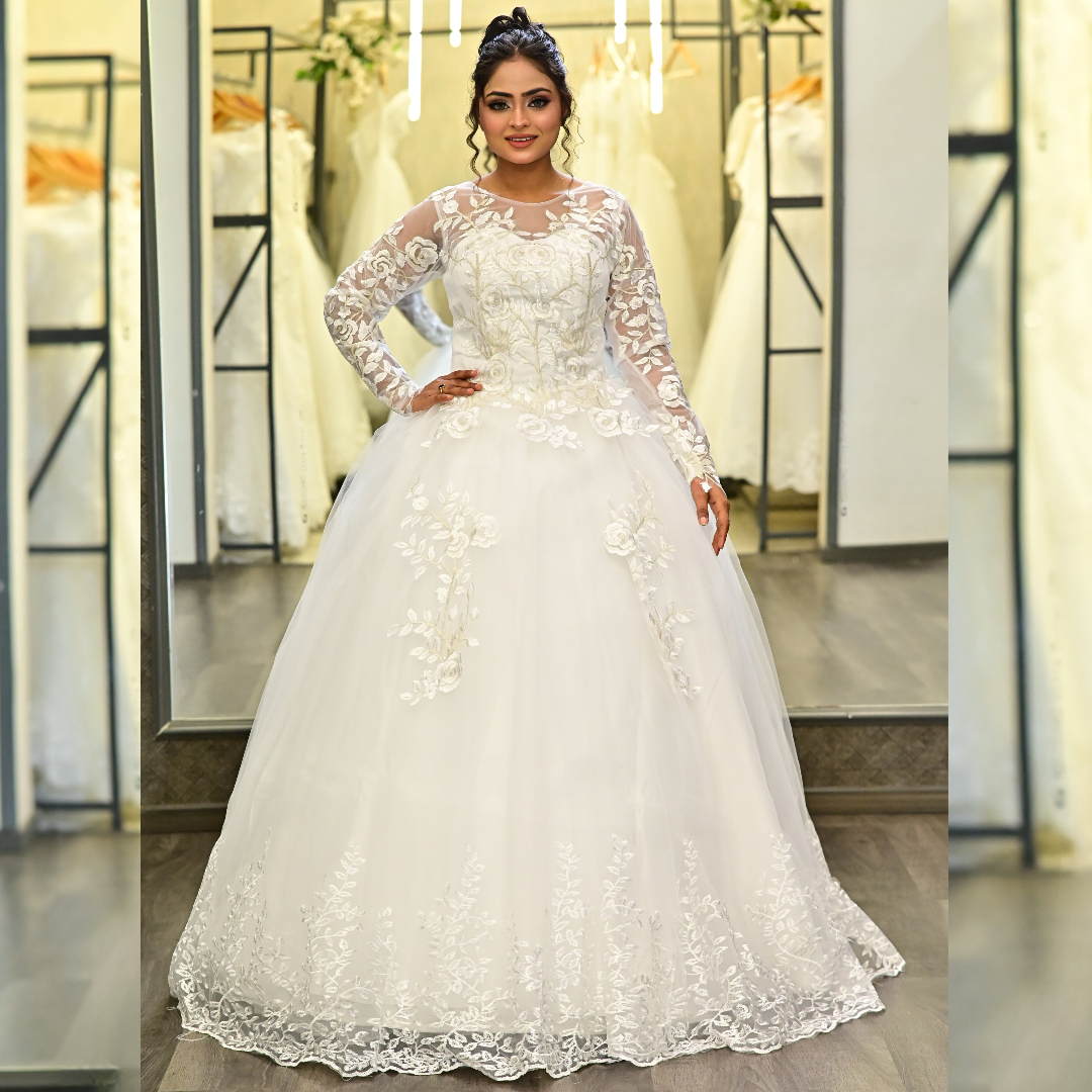 GownLink White Catholic Wedding Ball Gown for Christian & Church Brides Full Sleeves Lace Applique Bridal Wedding Gown -GLGF038B
