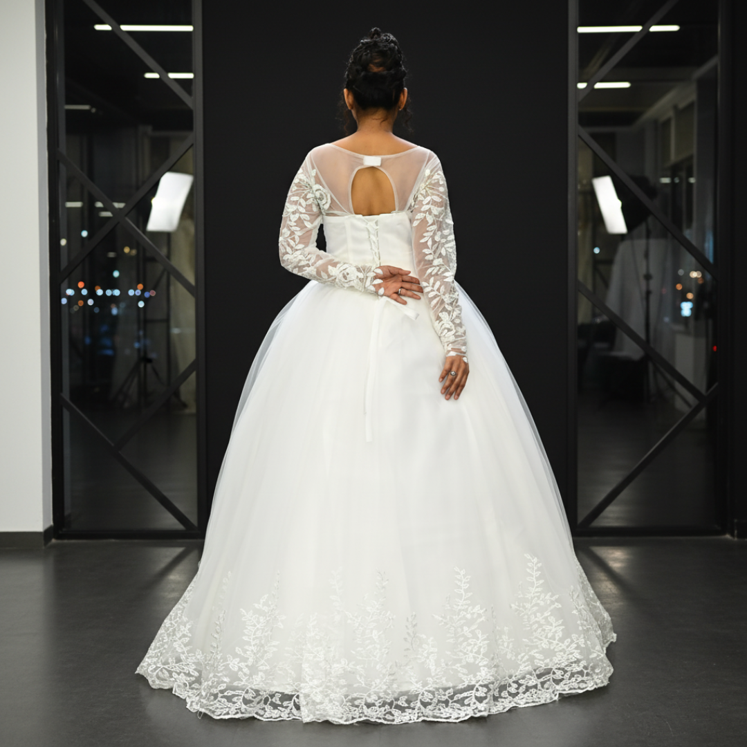 GownLink White Catholic Wedding Ball Gown for Christian & Church Brides Full Sleeves Lace Applique Bridal Wedding Gown -GLGF038B