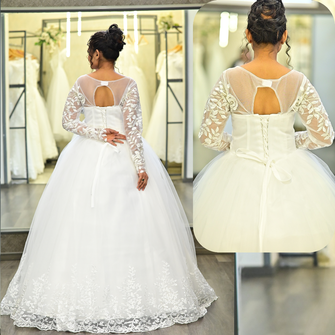 GownLink White Catholic Wedding Ball Gown for Christian & Church Brides Full Sleeves Lace Applique Bridal Wedding Gown -GLGF038B