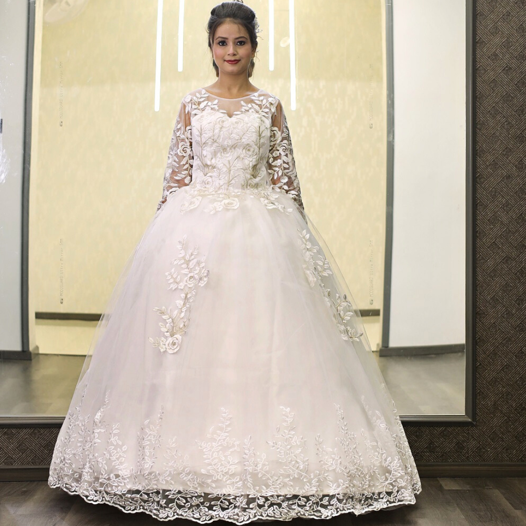 Gownlink White Christian Wedding Ball Gown with Lace Appliques Full Sleeves GLGF038