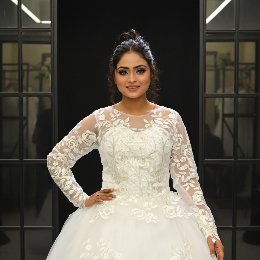 GownLink White Catholic Wedding Ball Gown for Christian & Church Brides Full Sleeves Lace Applique Bridal Wedding Gown -GLGF038B