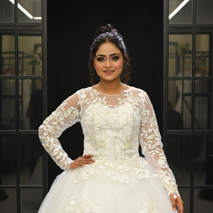 GownLink White Catholic Wedding Ball Gown for Christian & Church Brides Full Sleeves Lace Applique Bridal Wedding Gown -GLGF038B