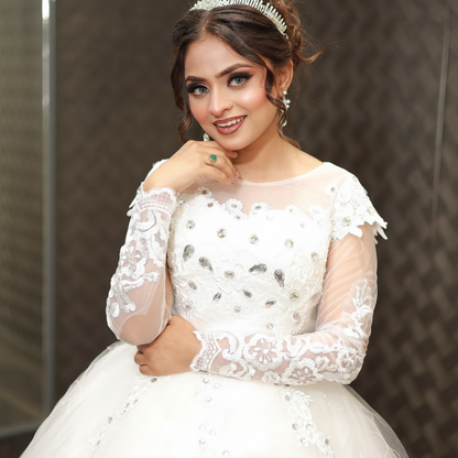 GownLink White Catholic Bridal Train Gown with Beaded Lace for Church Wedding Brides GLHMD16050083T