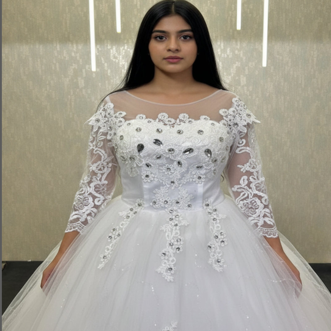 GownLink White Catholic Bridal Train Gown with Beaded Lace for Church Wedding Brides GLHMD16050083T