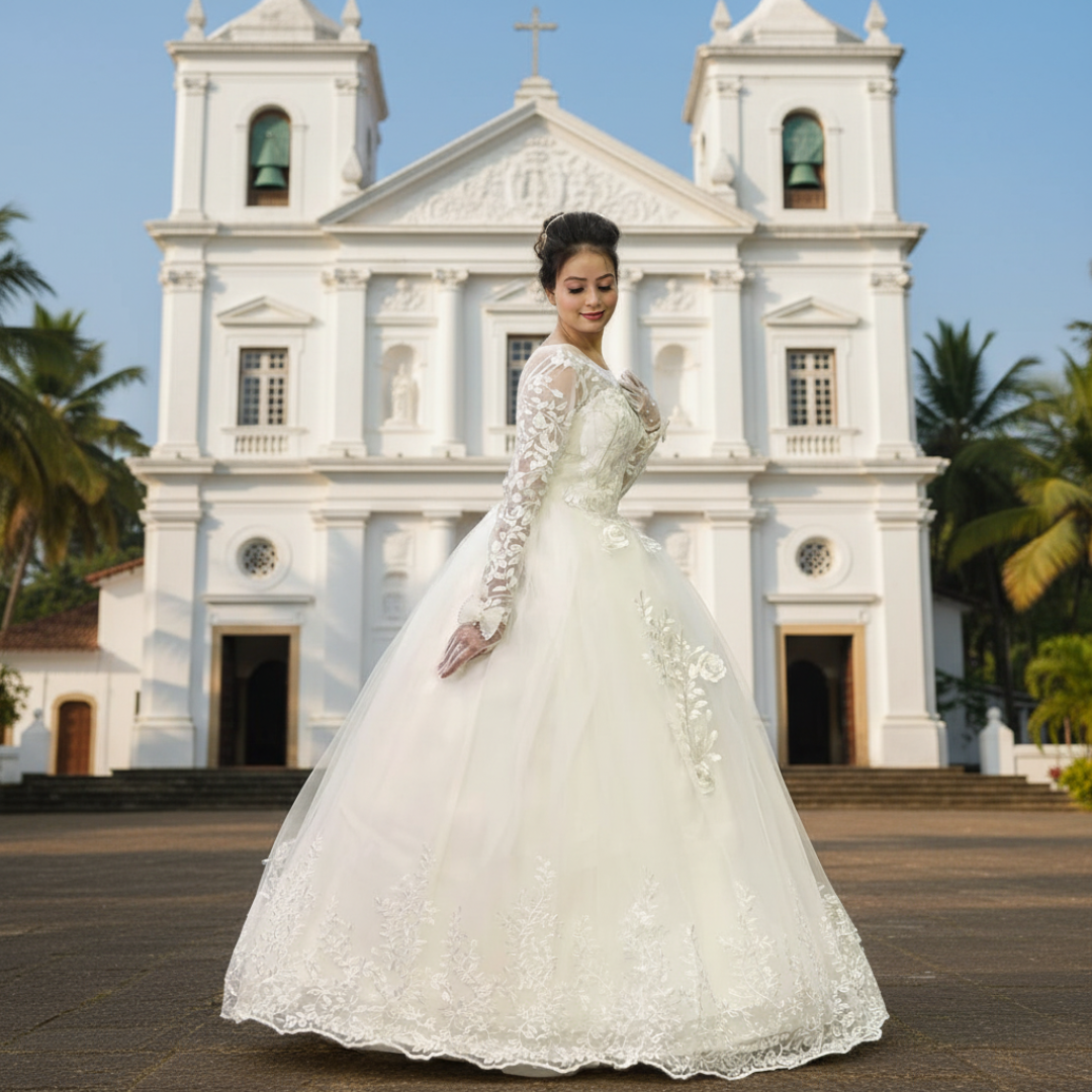 GownLink White Catholic Wedding Ball Gown for Christian & Church Brides Full Sleeves Lace Applique Bridal Wedding Gown -GLGF038B