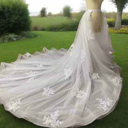 GownLink Elegant 2-Layer Removable Wedding Dress Train with Floral Lace - Bridal Accessory for Christian & Catholic Weddings-GLDLDT