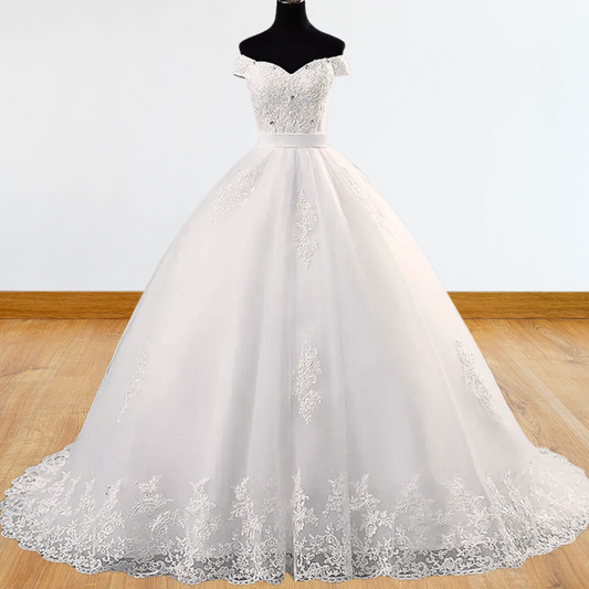 GownLink's  Off-Shoulder Train Gown for Christian and Catholic Weddings GLHS14-Off