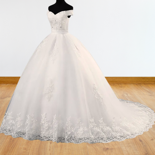 GownLink's  Off-Shoulder Train Gown for Christian and Catholic Weddings GLHS14-Off