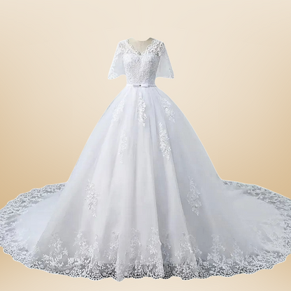 GownLink Classic White Wedding Train Gown, Elegant Long Trail Bridal Gown for Christian & Catholic Brides- GLHSD14T