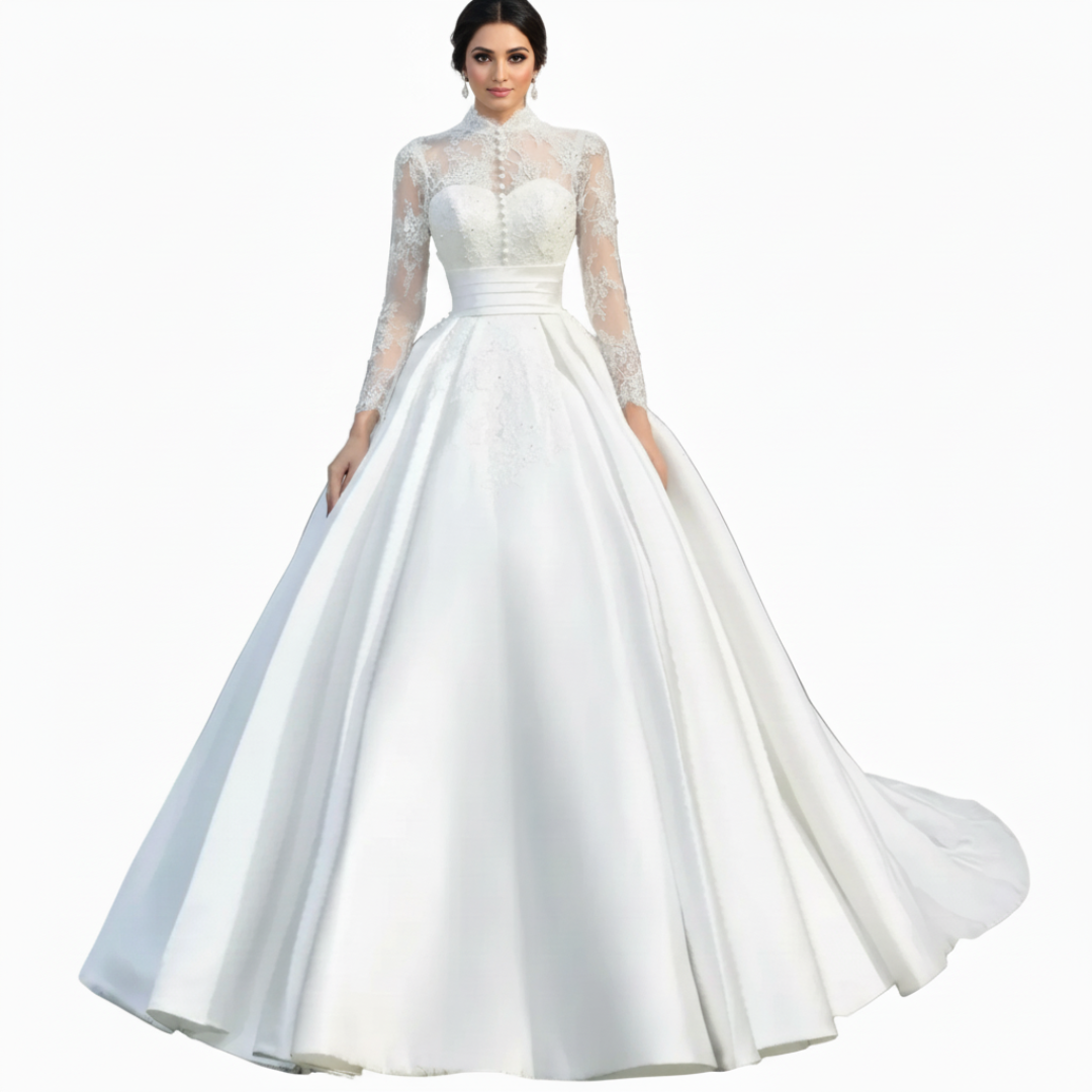 GownLink White Christian & Catholics Wedding Train Satin Dress With Sleeves GLHSD500