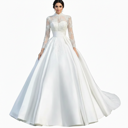 GownLink White Christian & Catholics Wedding Train Satin Dress With Sleeves GLHSD500