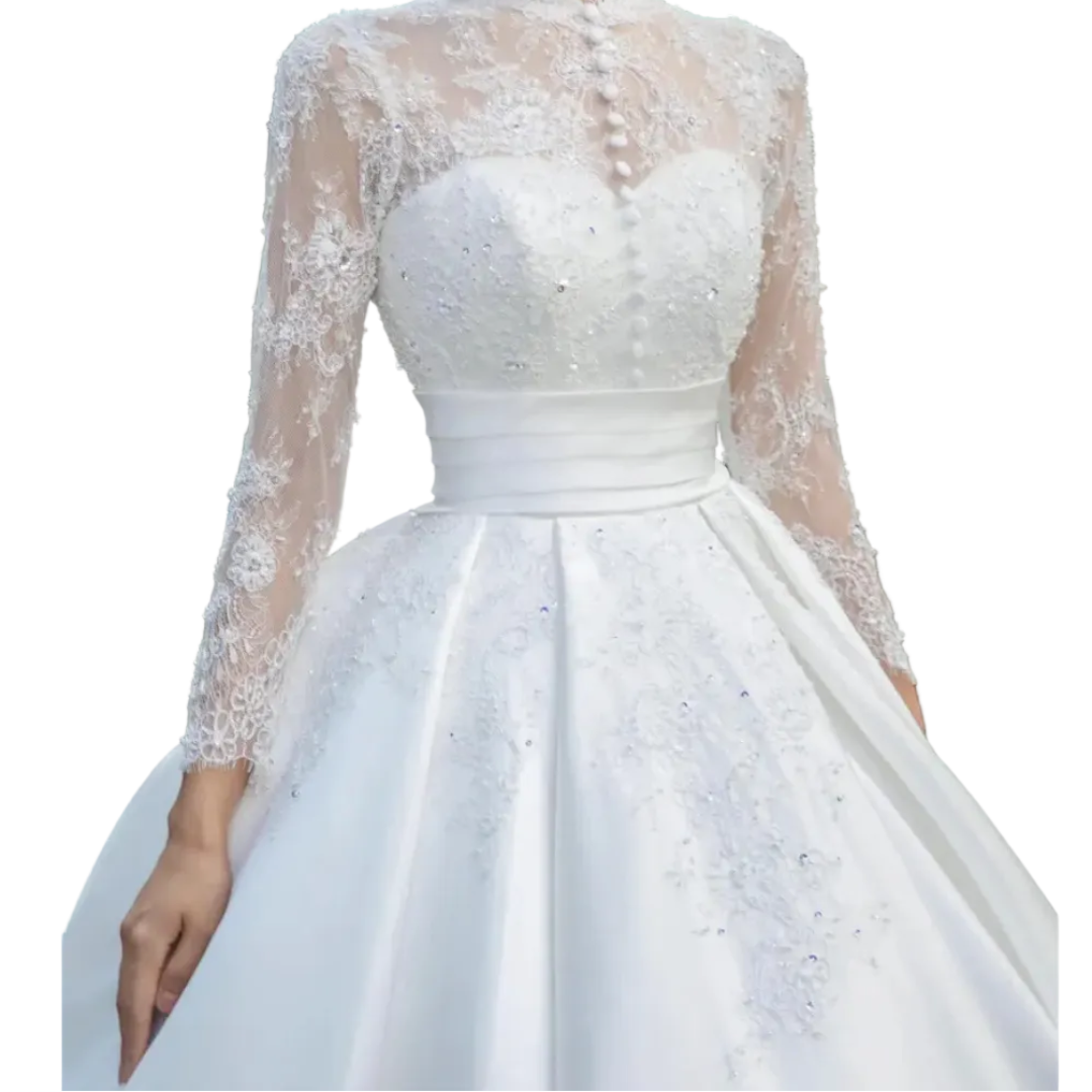 GownLink White Christian & Catholics Wedding Train Satin Dress With Sleeves GLHSD500