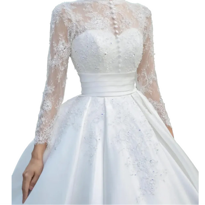 GownLink White Christian & Catholics Wedding Train Satin Dress With Sleeves GLHSD500