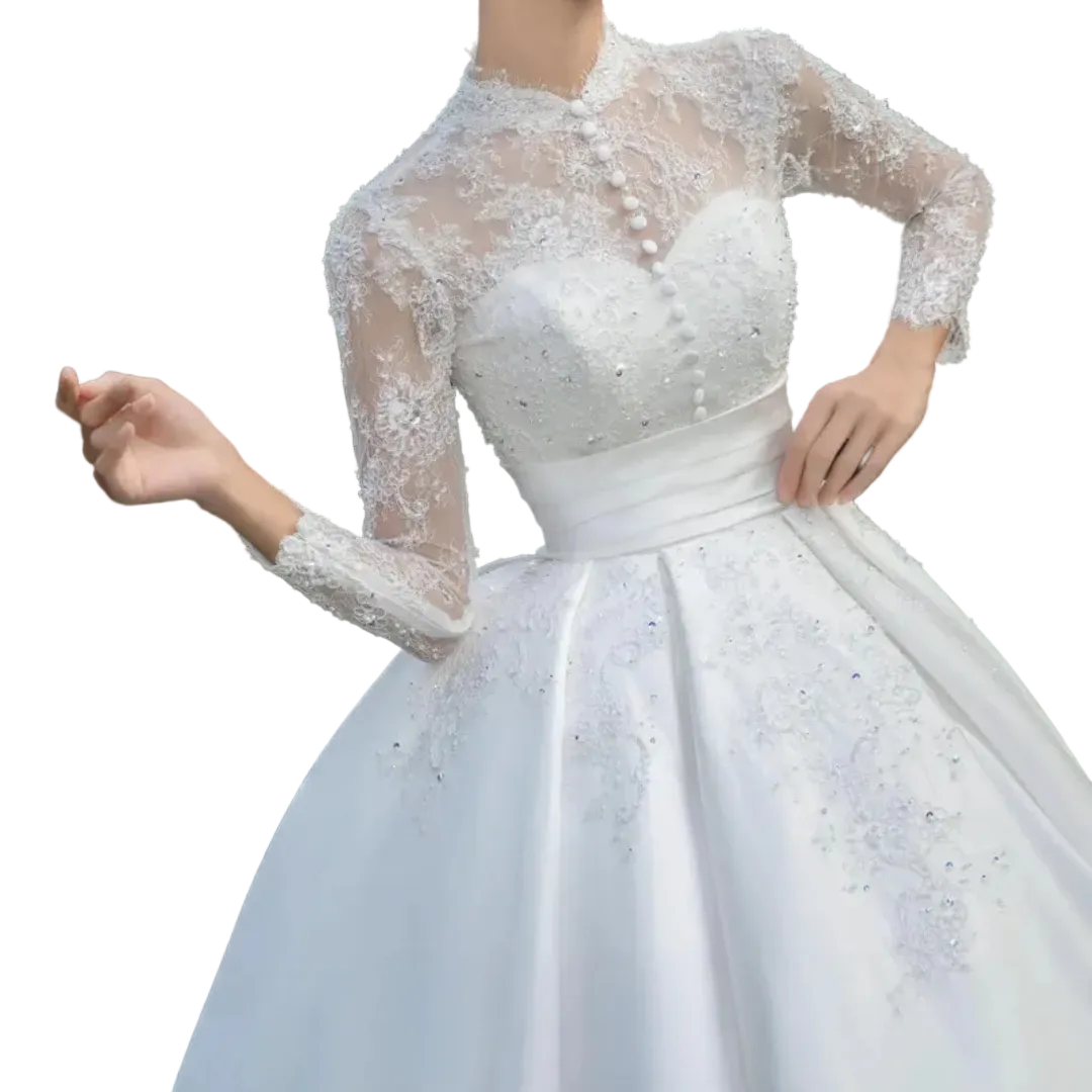 GownLink White Christian & Catholics Wedding Train Satin Dress With Sleeves GLHSD500