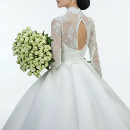 GownLink White Christian & Catholics Wedding Train Satin Dress With Sleeves GLHSD500